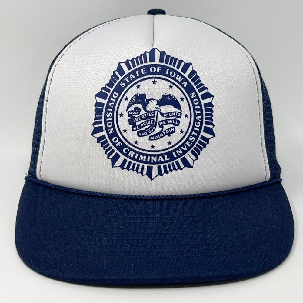 Vintage 80s Iowa Criminal Investigation Trucker Hat Baseball Cap Snapback Blue
